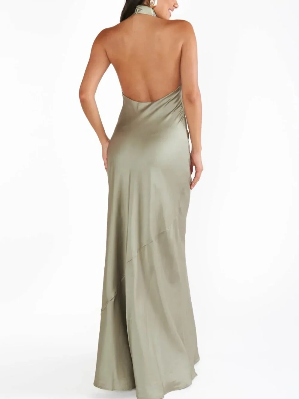 Show Me Your MuMu - Jasmine Halter Maxi Dress Moss Green Luxe Satin Women's - Picture 2 of 16